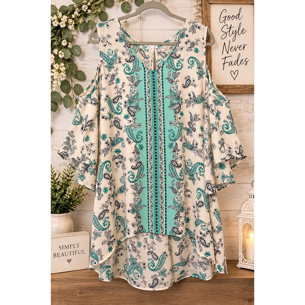 Est. 1946 Womens Plus 22/24W Paisley Cold Shoulder High Low Blouse Teal White